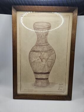 1976 Framed Pencil Drawing Ornate Vase Still Life Signed B.W.H Original Art 14x9